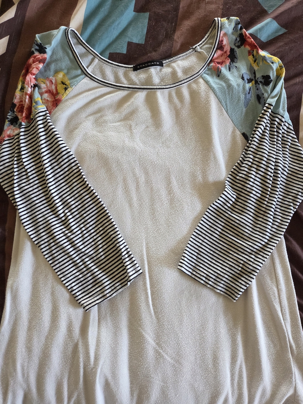 Staccato White Raglan Tee with Floral Mint Shoulders and Black-White Stripes